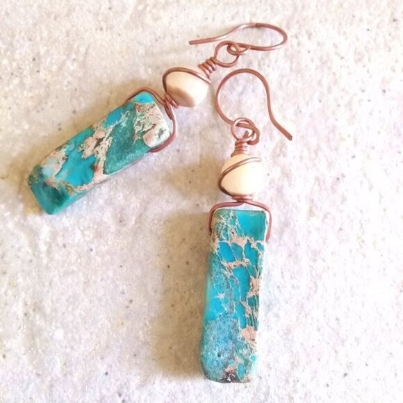 BOHO-LISCIOUS! Turquoise Sea Sediment Jasper Bar + Rough Citrine Dangle Earrings - Picture 5 of 6
